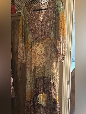 Umgee Boho Patchwork High-Low Maxi Dress in Brown, Cream & Yellow